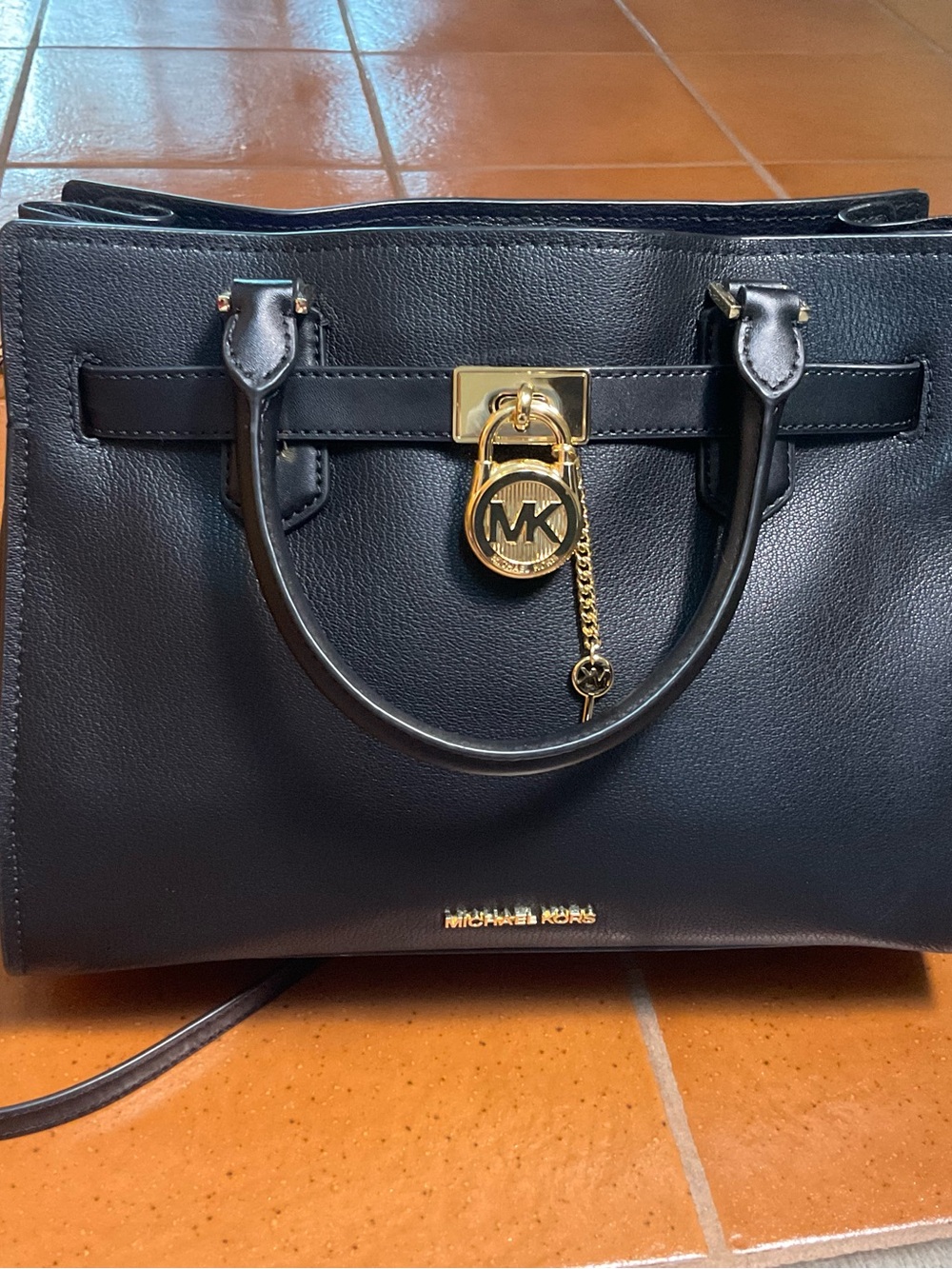 Michael Kors Hamilton Large Black Leather Satchel Gold Lock Charm Crossbody NWOT